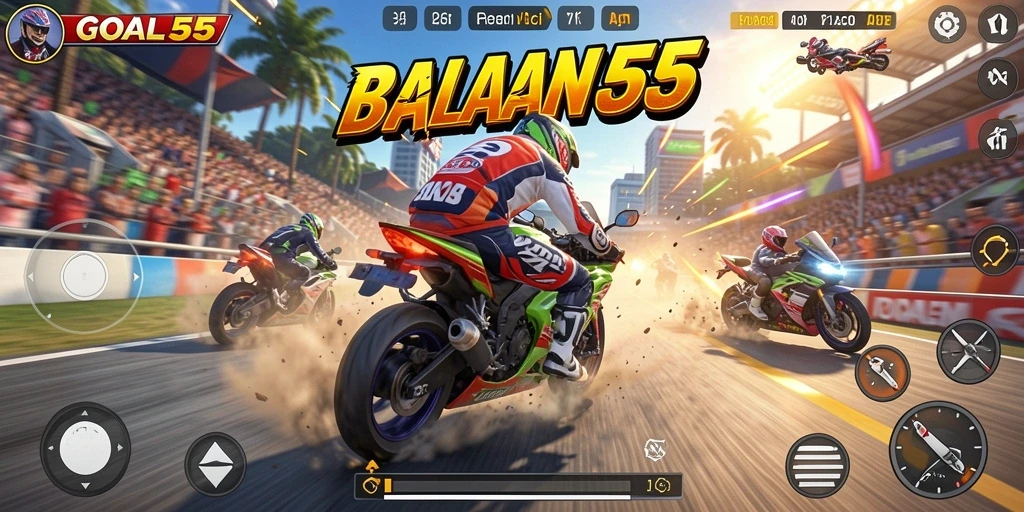 Tampilan gameplay seru dari balapan motor di GOAL55.