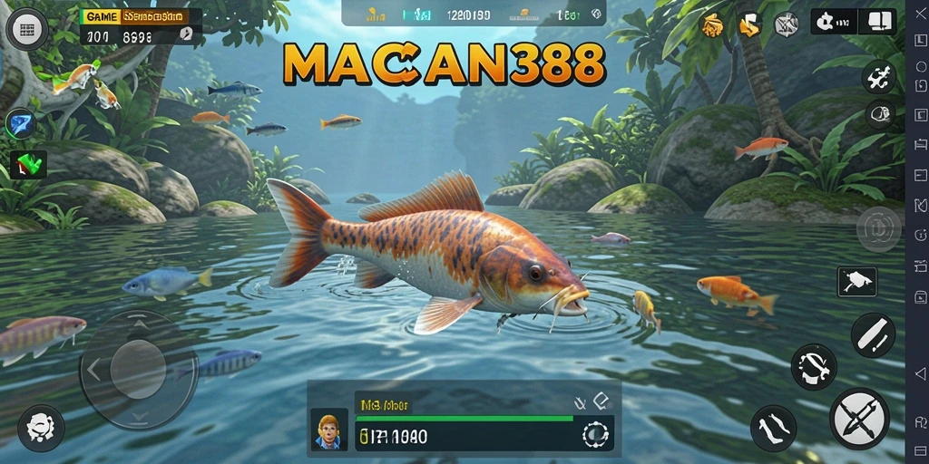 Screenshot utama gameplay memancing di MACAN388 yang menampilkan keindahan alam.